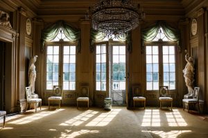 Tom slottssalong och stor kristallkrona som hänger i taket